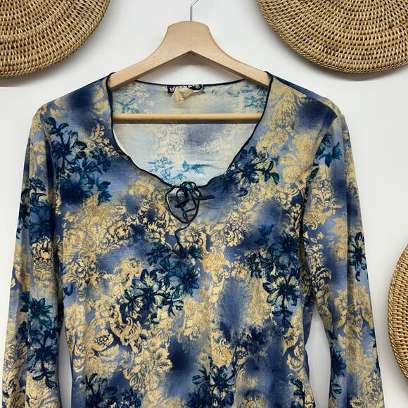 Vintage Y2K 2000s Fashion Bug Blue Tan Tie Neck Floral Flare Top Boho Fairy - Picture 4 of 8